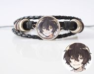 Браслет потрійний №004-0009 Bungo Stray Dogs, чорний з кабошоном 20 мм