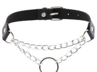№0003 Чокер широкий з металевим ланцюгом та кільцем, колір ЧОРНИЙ, экошкіра