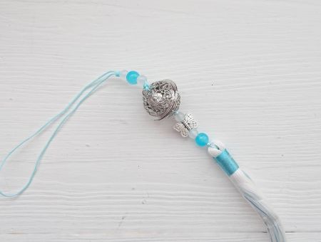 Підвіска, прикраса Дзвіночок спокою №005 Сріблястий з Біло-Бірюзовою китицею