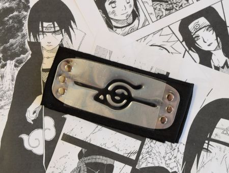 Протектор пов'язка на голову Наруто чорна з металевою вставкою , перекреслений Коноха (Ітачі Учіха)