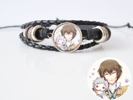 Браслет потрійний №004-0005 Bungo Stray Dogs, чорний з кабошоном 20 мм