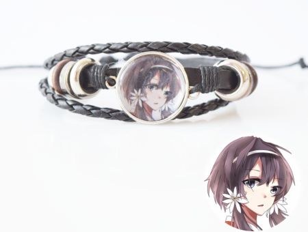 Браслет потрійний №004-0006 Bungo Stray Dogs, чорний з кабошоном 20 мм