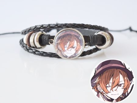 Браслет потрійний №004-0008 Bungo Stray Dogs, чорний з кабошоном 20 мм