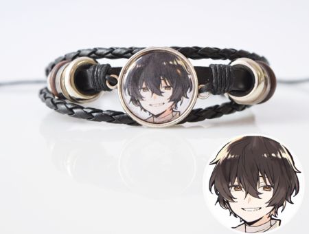 Браслет потрійний №004-0009 Bungo Stray Dogs, чорний з кабошоном 20 мм