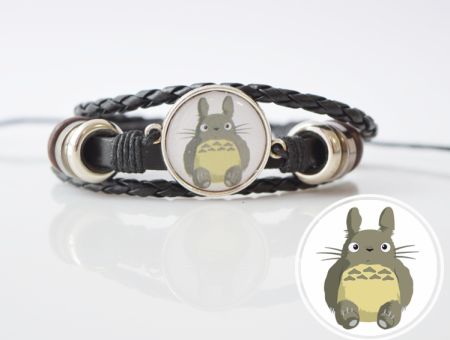 Браслет потрійний №004-0025 Studio Ghibli Totoro чорний з кабошоном 20 мм