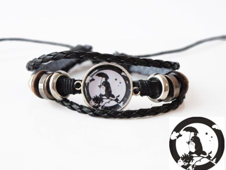 Браслет потрійний №004-0028 Studio Ghibli Totoro чорний з кабошоном 20 мм