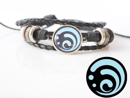 Браслет потрійний №004-0029-2 Genshin Impact Гідро (на чорному) чорний з кабошоном 20 мм