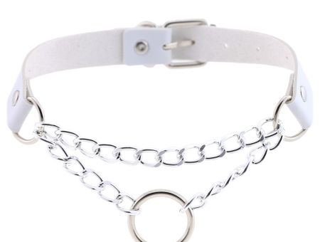 №0003 Чокер широкий з металевим ланцюгом та кільцем, колір БІЛИЙ, экошкіра