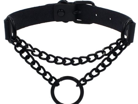 №0005 Чокер широкий з металевим чорним ланцюгом та кільцем, колір ЧОРНИЙ, экошкіра