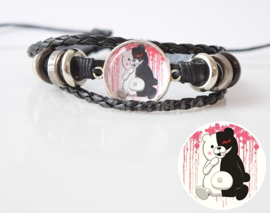 Браслет №004-0004 Danganronpa Монокума,  потрійний чорний з кабошоном 20 мм Браслет №004-0004 Danganronpa Монокума,  потрійний чорний з кабошоном 20 мм