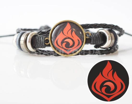 Браслет №004-0035-2 Genshin Impact Піро (на чорному) потрійний  чорний з кабошоном 20 мм Браслет №004-0035-2 Genshin Impact Піро (на чорному) потрійний  чорний з кабошоном 20 мм