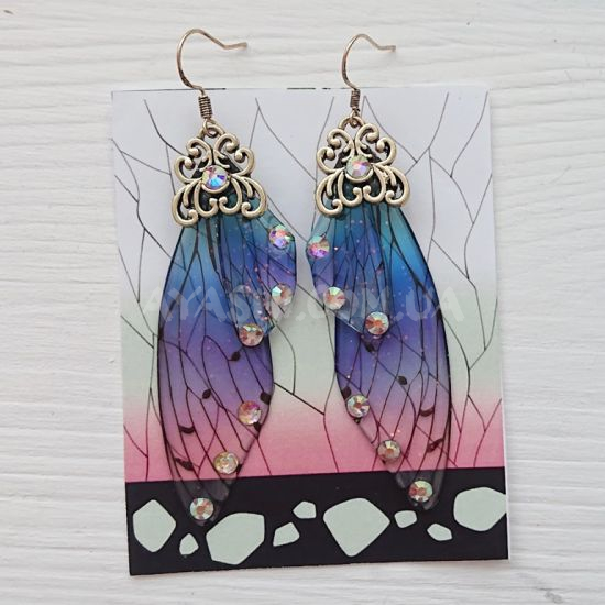 Сережки №0042 Крила фіолетово-сині (стрази), тема Kimetsu no Yaiba  Сережки №0042 Крила фіолетово-сині (стрази), тема Kimetsu no Yaiba 
