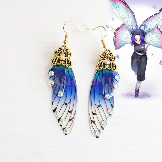 Сережки Крила зелено-сині (стрази), тема Kimetsu no Yaiba №0061 Сережки Крила зелено-сині (стрази), тема Kimetsu no Yaiba №0061